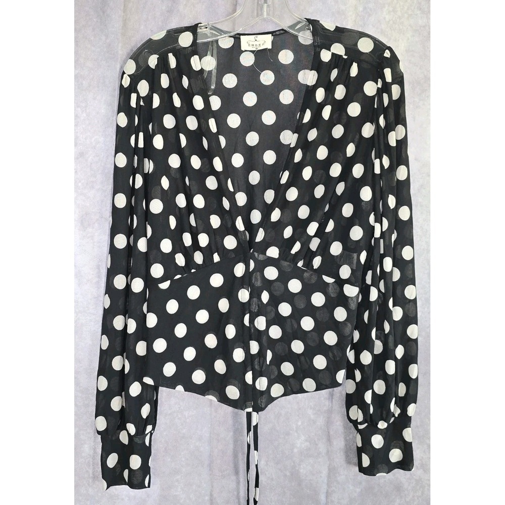 Ember Polka Dot Blouse Medium Black White Plunging V Neck Long Balloon Sleeve